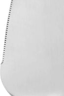 Close-up of the serrated edge of a pie server on a white background.