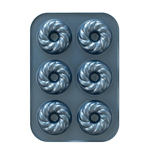 A blue French twist donut pan on a white background.