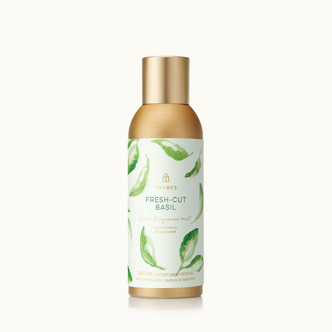 Thymes Fresh Cut Basil air freshener spray bottle on a white background