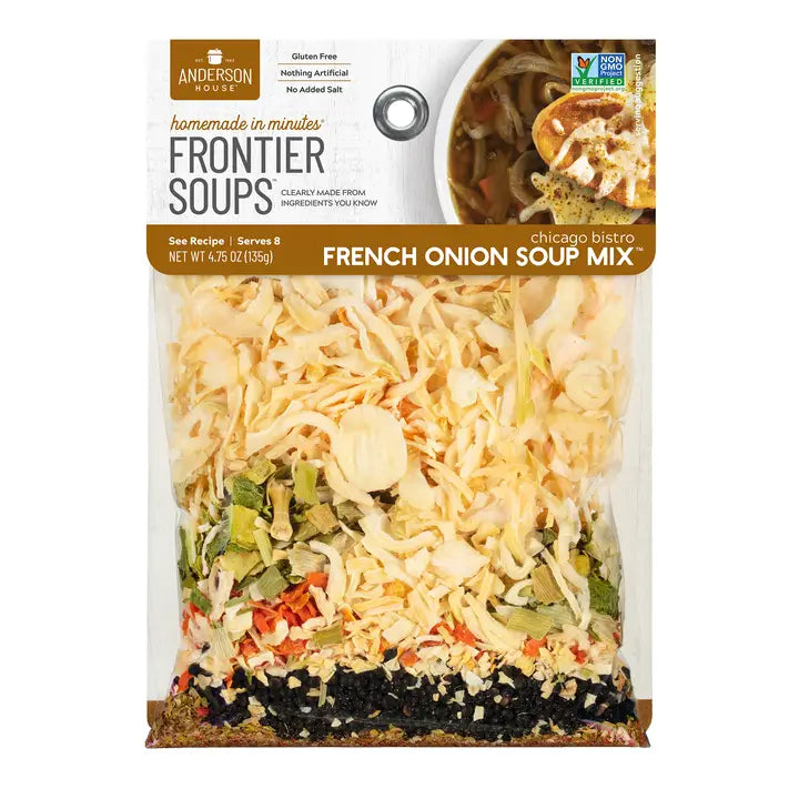 Packaging of Frontier Soups French Onion Soup Mix with an image of the soup ingredients like onions, mushrooms, and herbs.