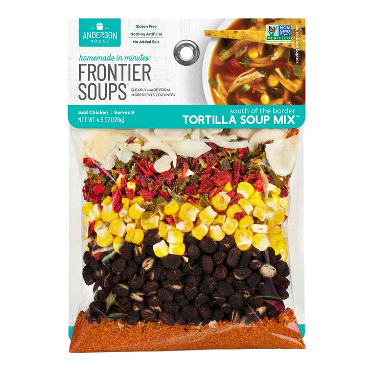 A package of Tortilla Soup Mix made by Frontier Soups with ingredients in a clear bag.