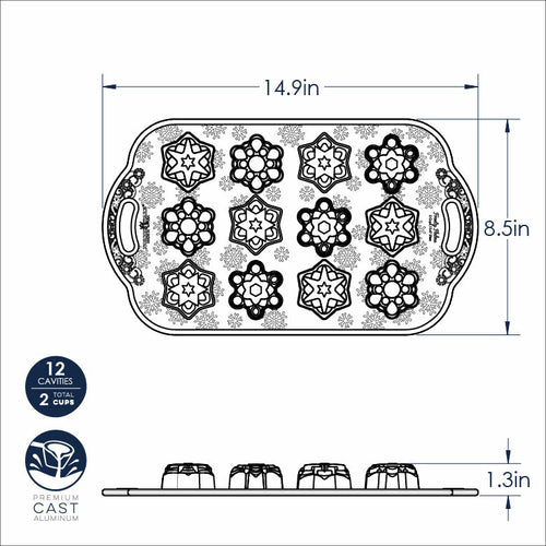 A black and white drawing of a bundt cake pan with mini snowflake molds with measurements showing the dimensions.