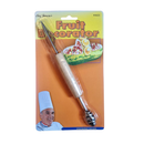 A fruit decorator tool with a light wood handle and metal ball tip, attached to a yellow and orange retail card labeled 'Fruit Decorator' with a chef illustration.