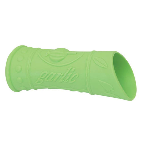 A green rubber garlic peeler on a white background.