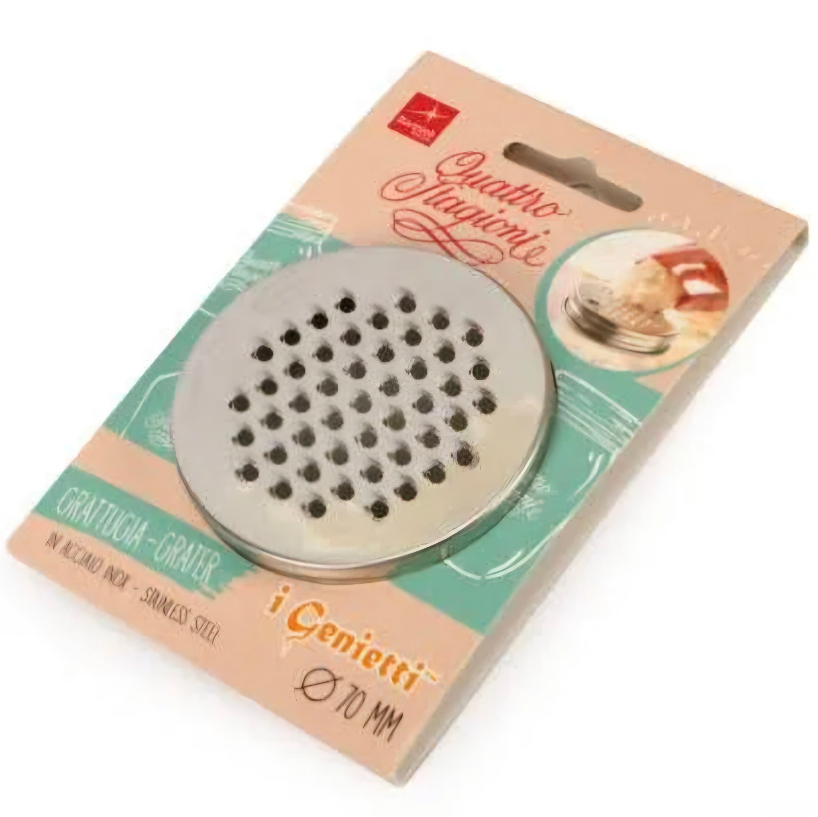 A stainless steel grater lid in its packaging on a white background.