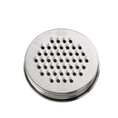 A stainless steel grater lid on a white background.