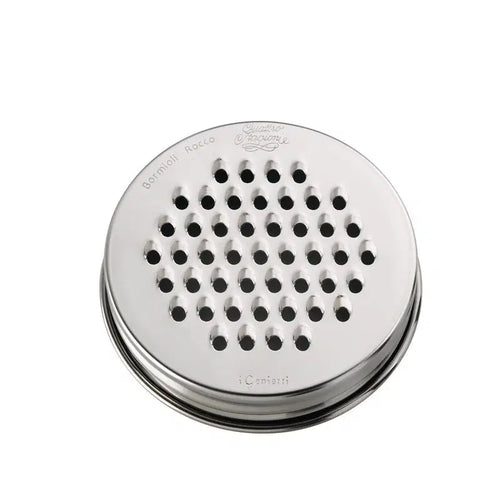 A stainless steel grater lid on a white background.