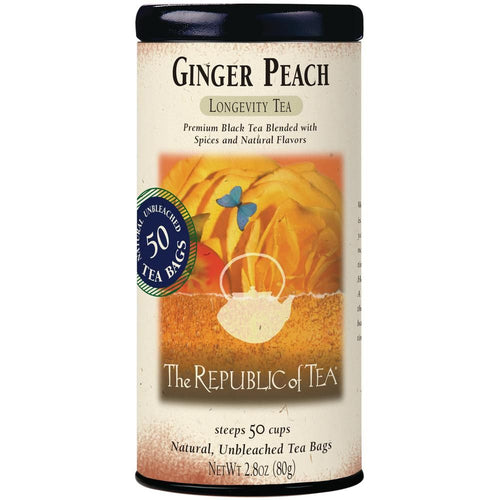 Tea canister labeled 'Ginger Peach Longevity Tea' by The Republic of Tea on a white background.