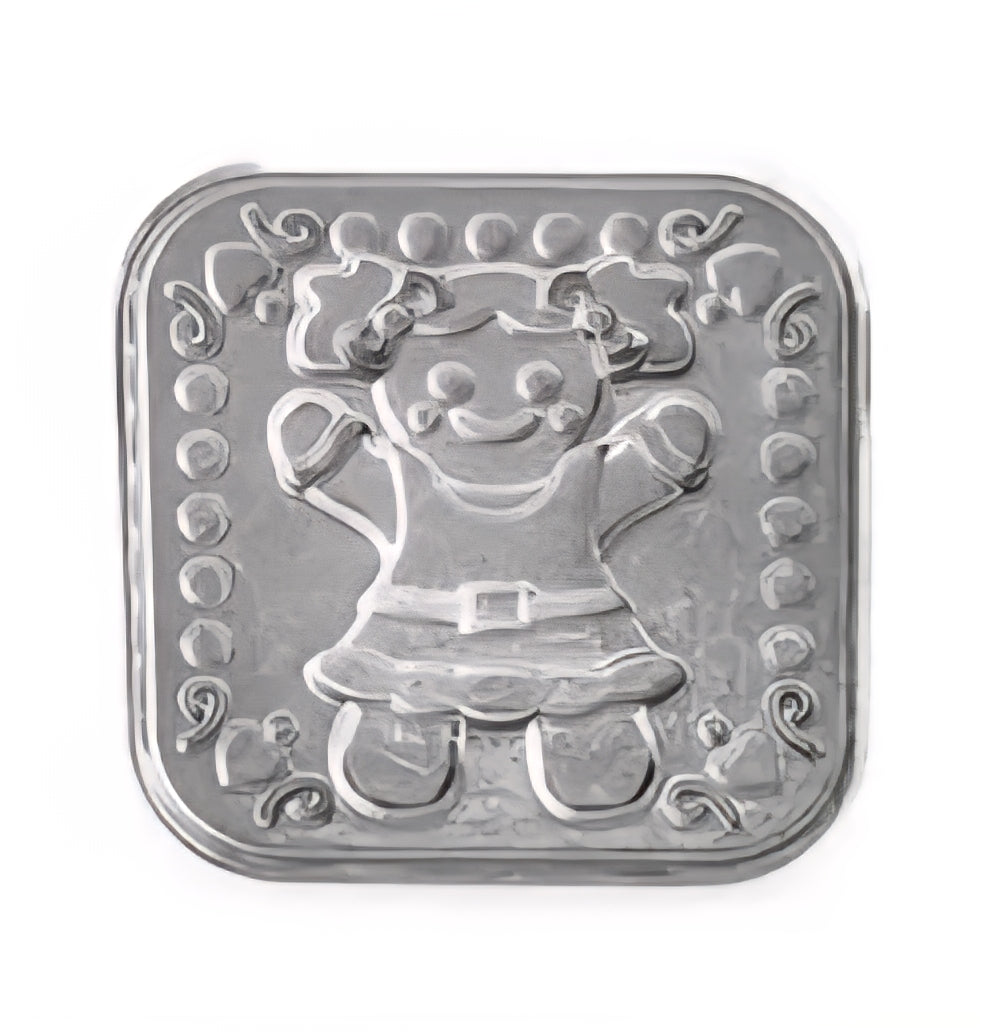 Cookie stamp with a gingerbread girl design on a white background
