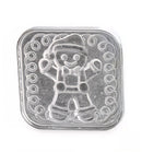 Clear plastic mold shaped like a gingerbread man on a white background