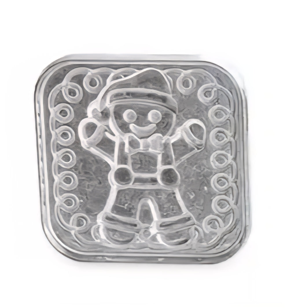 Clear plastic mold shaped like a gingerbread man on a white background