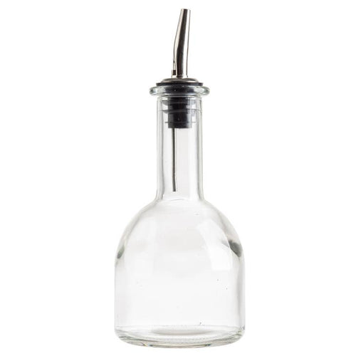 Glass bottle pourer for oil or similar liquids on a white background.