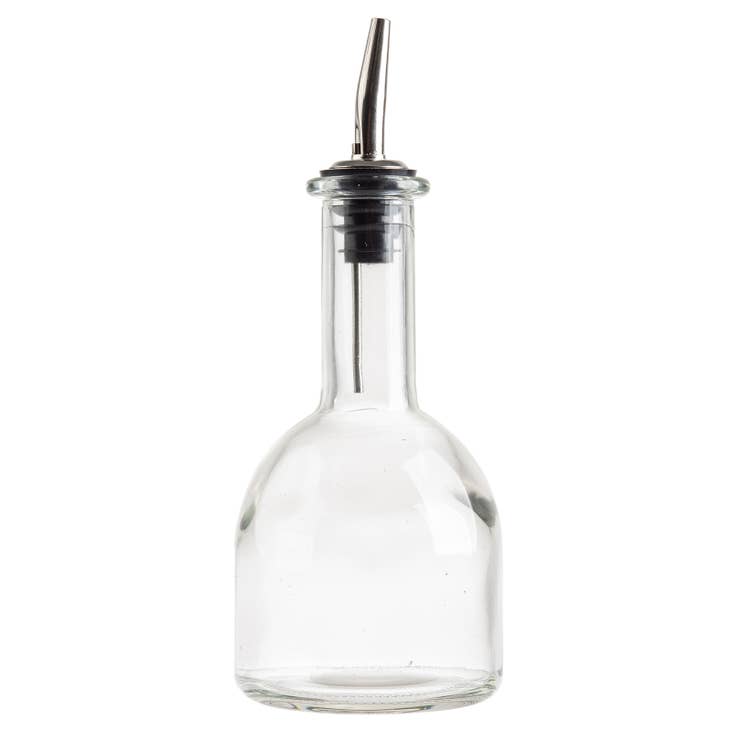 Glass bottle pourer for oil or similar liquids on a white background.
