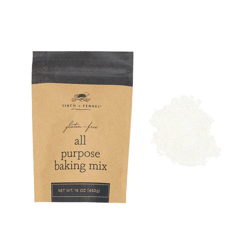 Packaging of Finch & Fennel Gluten-Free All Purpose Baking Mix, showing the product in a brown pouch with a small pile of the mix next to it on a white background.