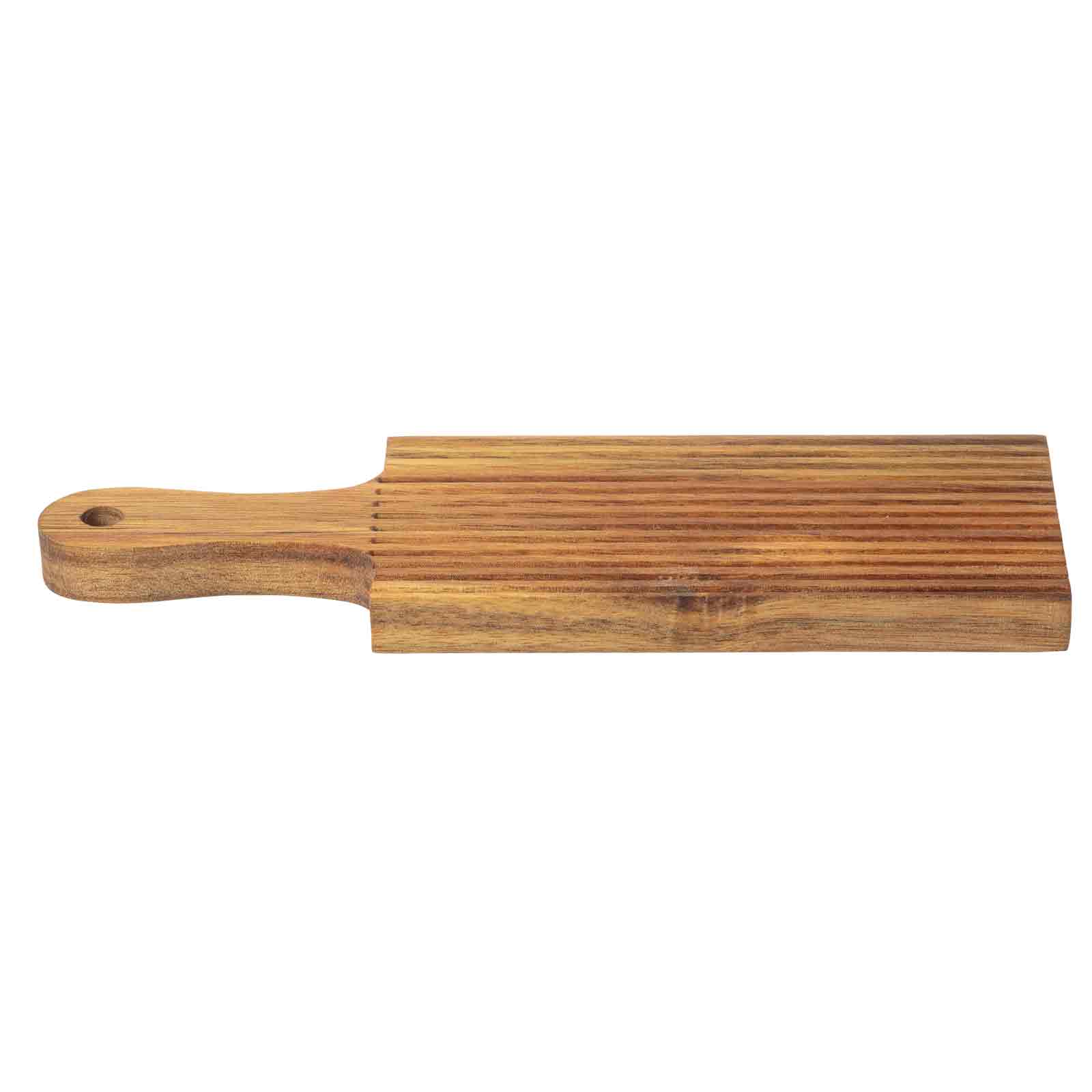 Wooden gnocchi rolling board with handle on a white background