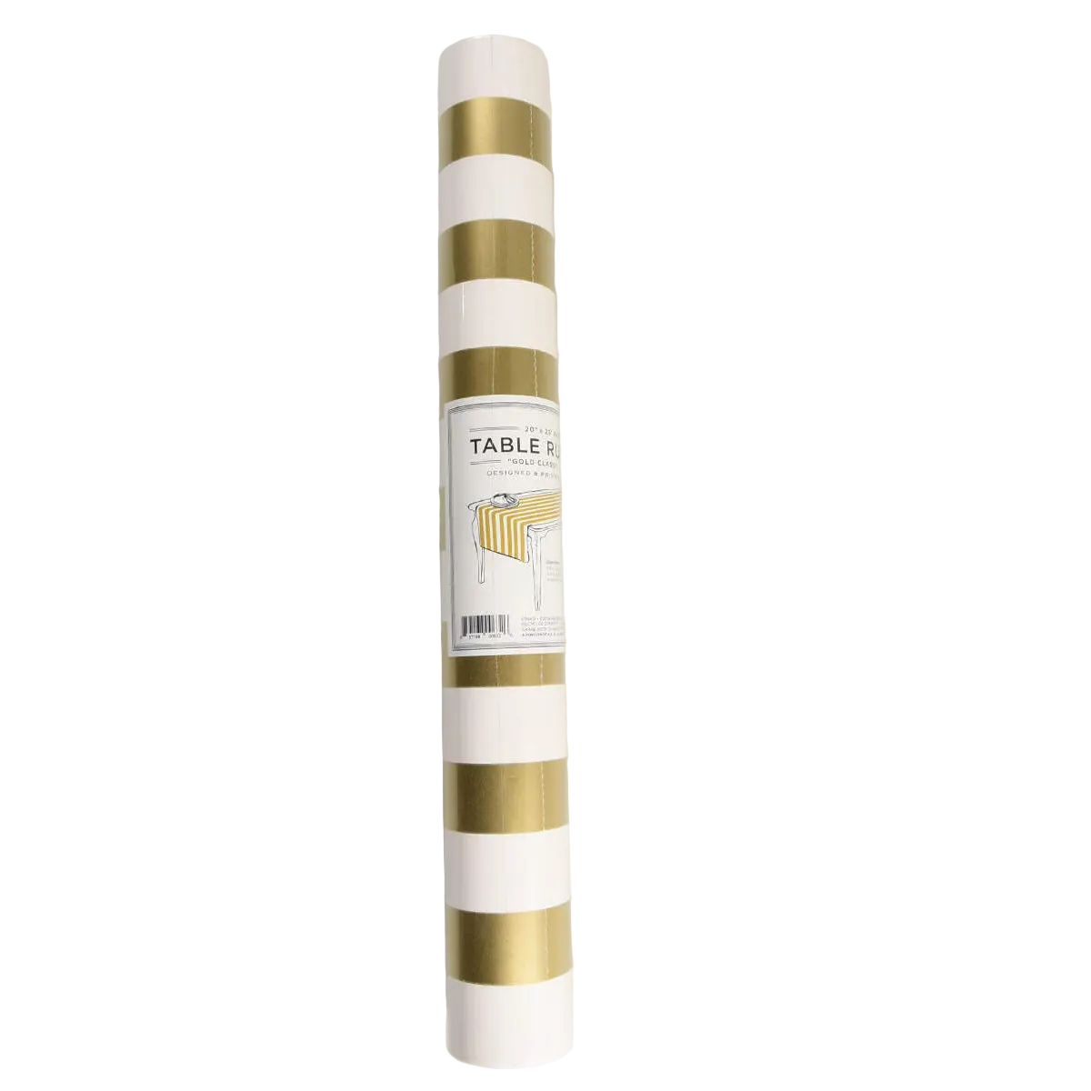 Roll of gold and white striped table runner with a label on a white background