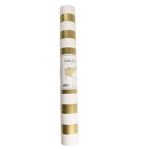 Roll of gold and white striped table runner with a label on a white background