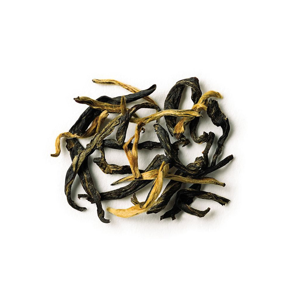 Dry black tea leaves on a white background