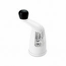 A white OXO Good Grips Radial Pepper Grinder with a black non-slip knob on top and a clear door.