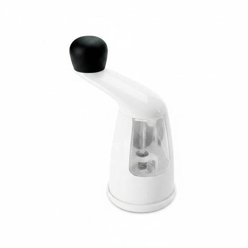 A white OXO Good Grips Radial Pepper Grinder with a black non-slip knob on top and a clear door.