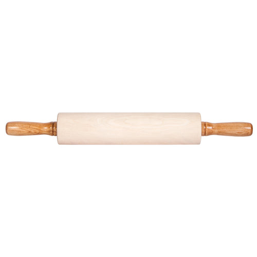 Wooden rolling pin with wooden handles on a white background