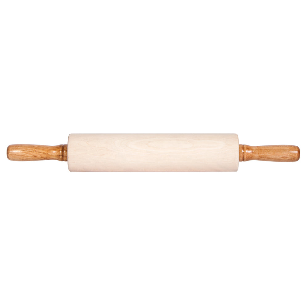 Wooden rolling pin with wooden handles on a white background