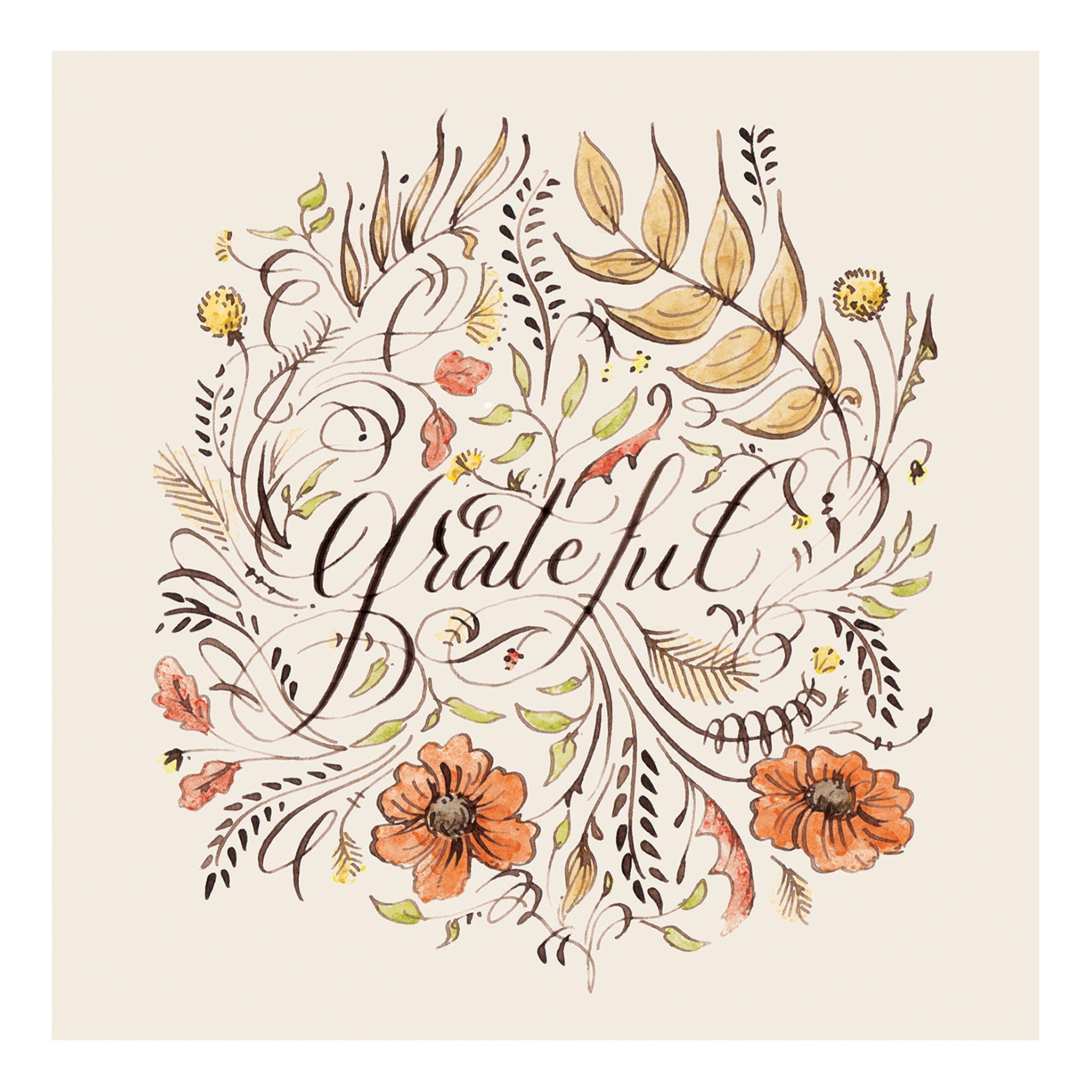A napkin with autumn inspired artwork and 'grateful' in the center.