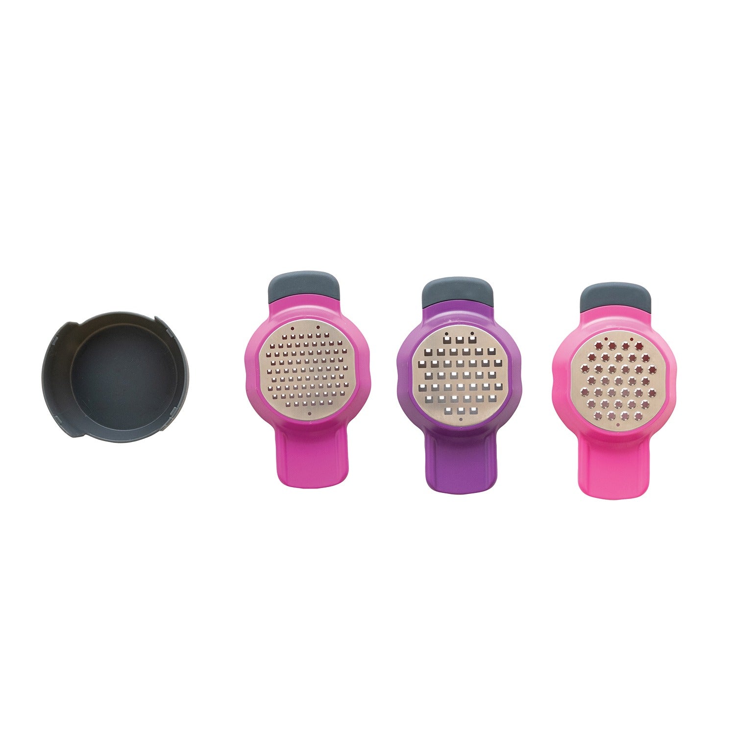 Three stainless steel and plastic graters with pink and purple handles, displayed alongside a black holder.