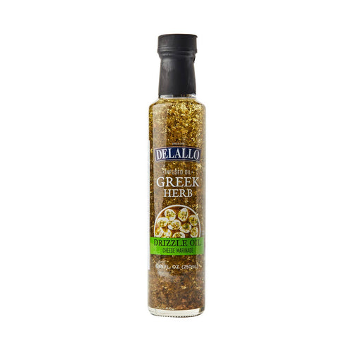 Bottle of DeLallo Greek Herb Drizzle Oil on a white background