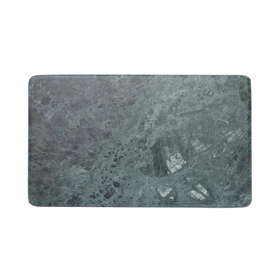 Green marble cutting and serving board on a white background.