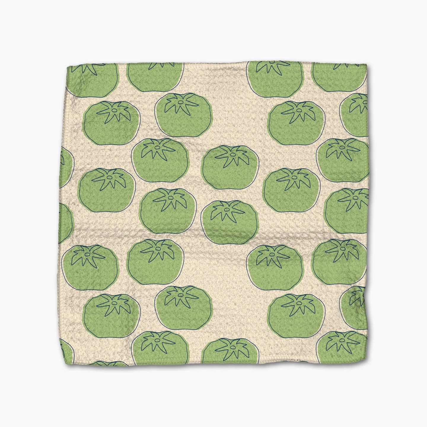 Beige towel with green tomato pattern on a white background