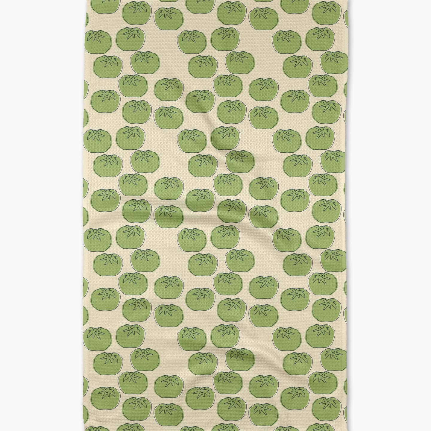Tea towel with green tomato pattern on a beige background