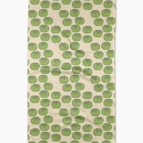 Tea towel with green tomato pattern on a beige background