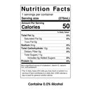Nutrition facts label for a product with serving size, calories, and nutritional content details.