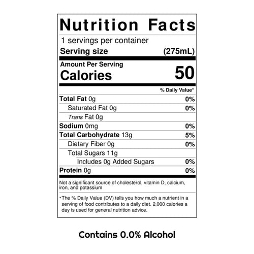 Nutrition facts label for a product with serving size, calories, and nutritional content details.