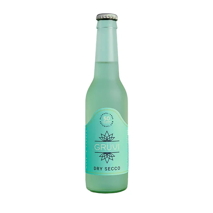 A single bottle of Gruvi Dry Secco on a white background.