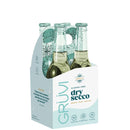 Pack of Gruvi dry secco alcohol-free drinks in a white holder on a white background