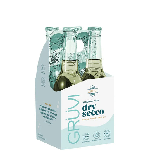 Pack of Gruvi dry secco alcohol-free drinks in a white holder on a white background
