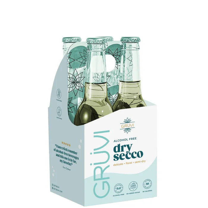 Pack of Gruvi dry secco alcohol-free drinks in a white holder on a white background