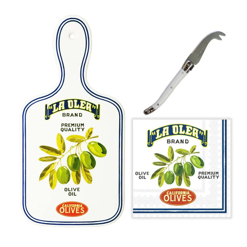 La Oler brand olive oil cutting board and label with a knife on a white background