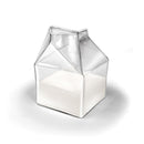 A clear glass creamer designed to resemble a mini milk carton, with a capacity for cream.