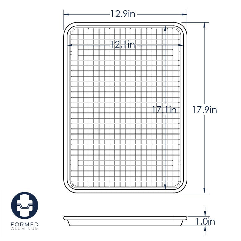 A cooling rack on a white background with numbers notating its dimensions.
