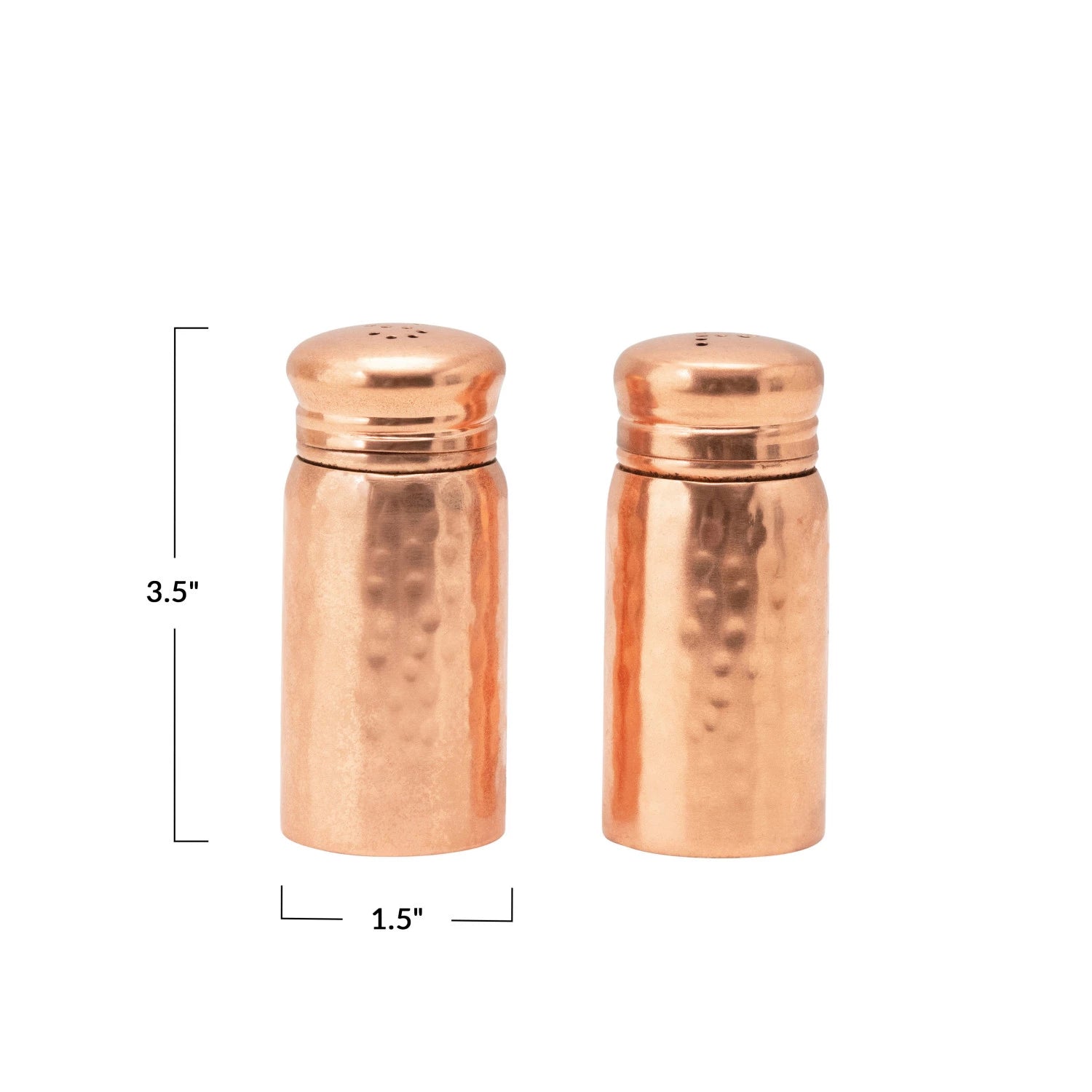 Two copper shakers with dimensions indicated on a white background