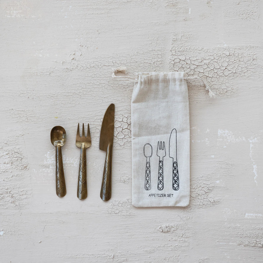 Hand-Forged Brass Appetizer Utensils in Drawstring Bag