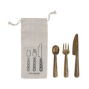 Bronze cutlery set with a drawstring bag featuring cutlery illustrations on a white background.
