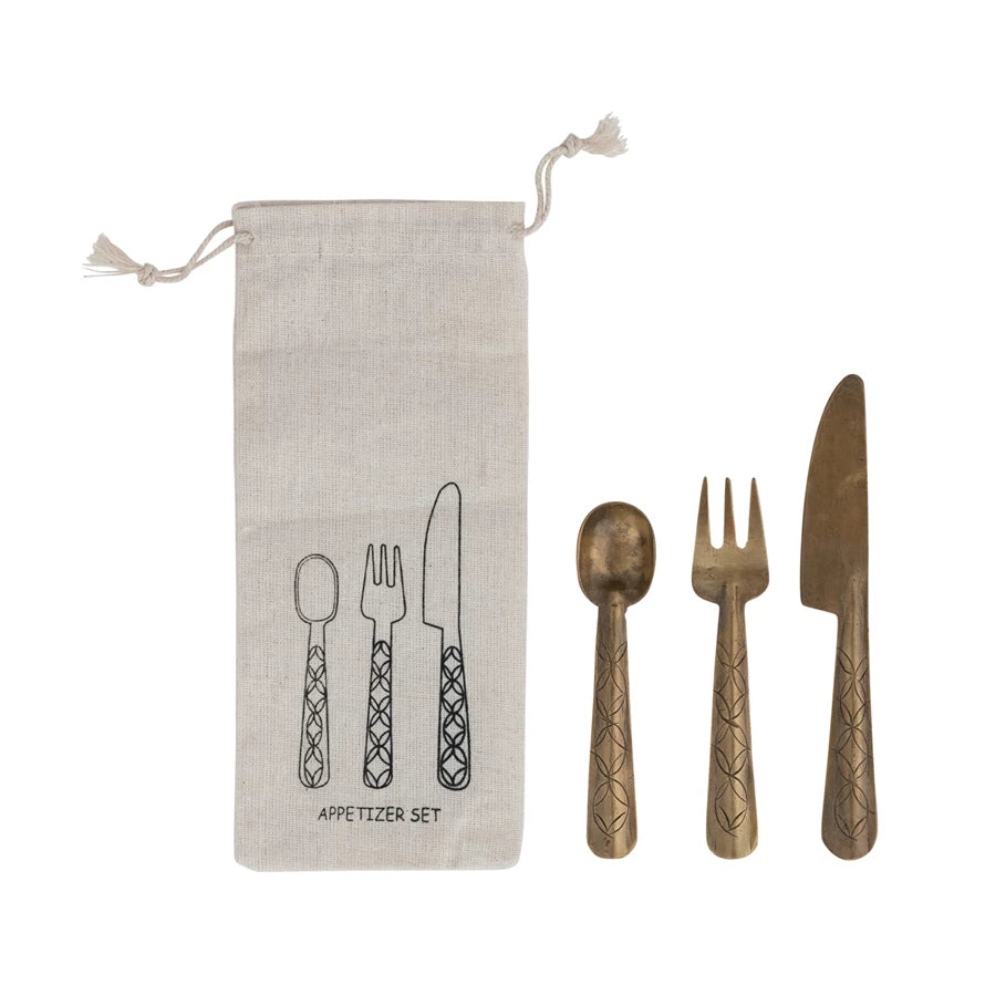Hand-Forged Brass Appetizer Utensils in Drawstring Bag