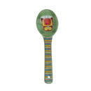 A green hand painted ceramic spoon with an owl on a white background.
