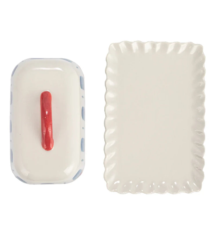 Hand-Painted Stoneware Butter Dish with Handle & Scalloped Edge