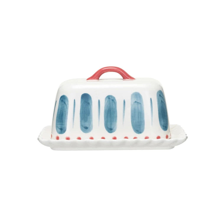 Hand-Painted Stoneware Butter Dish with Handle & Scalloped Edge