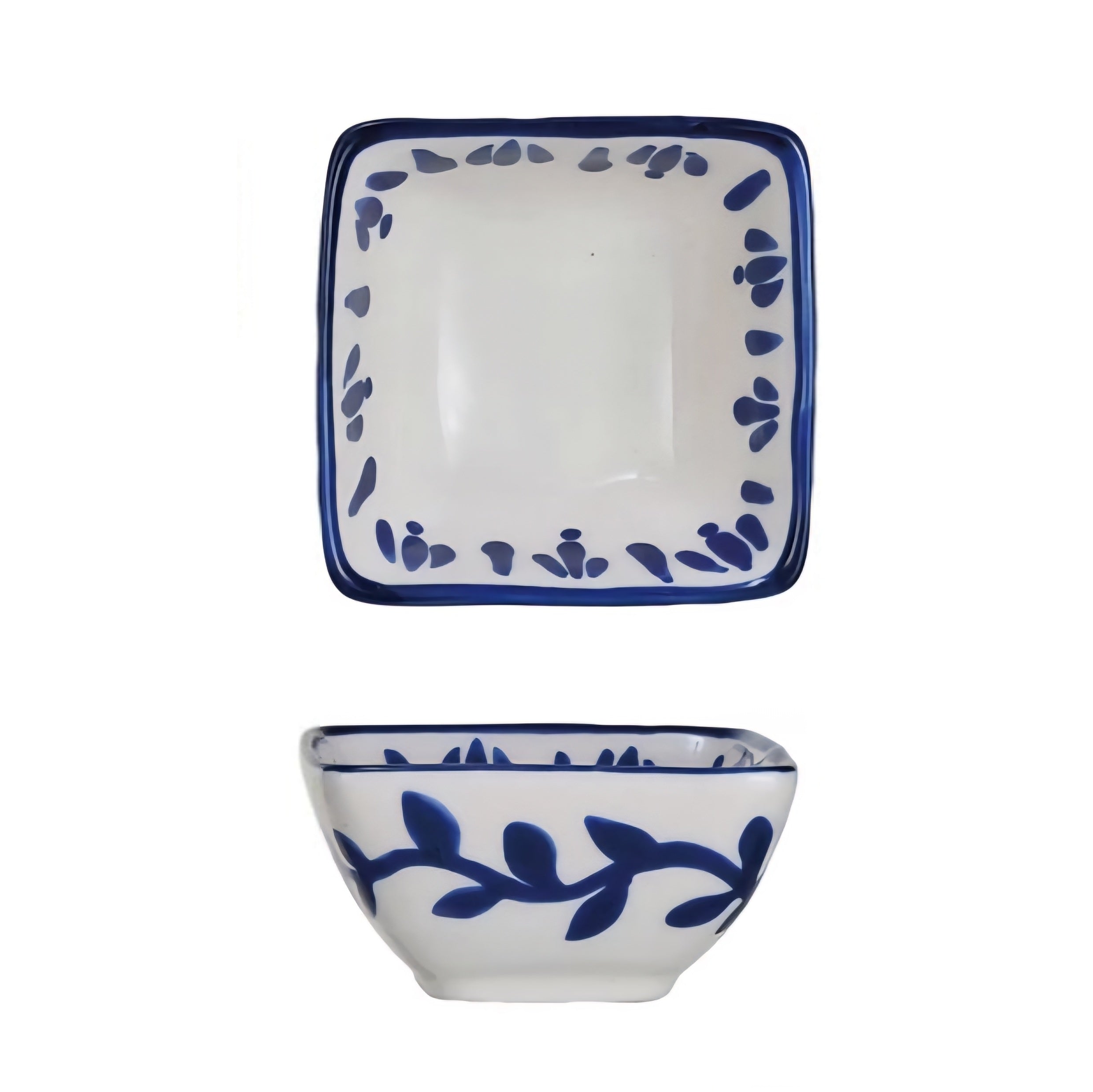 Ceramic bowl with blue vine patterns on a white background